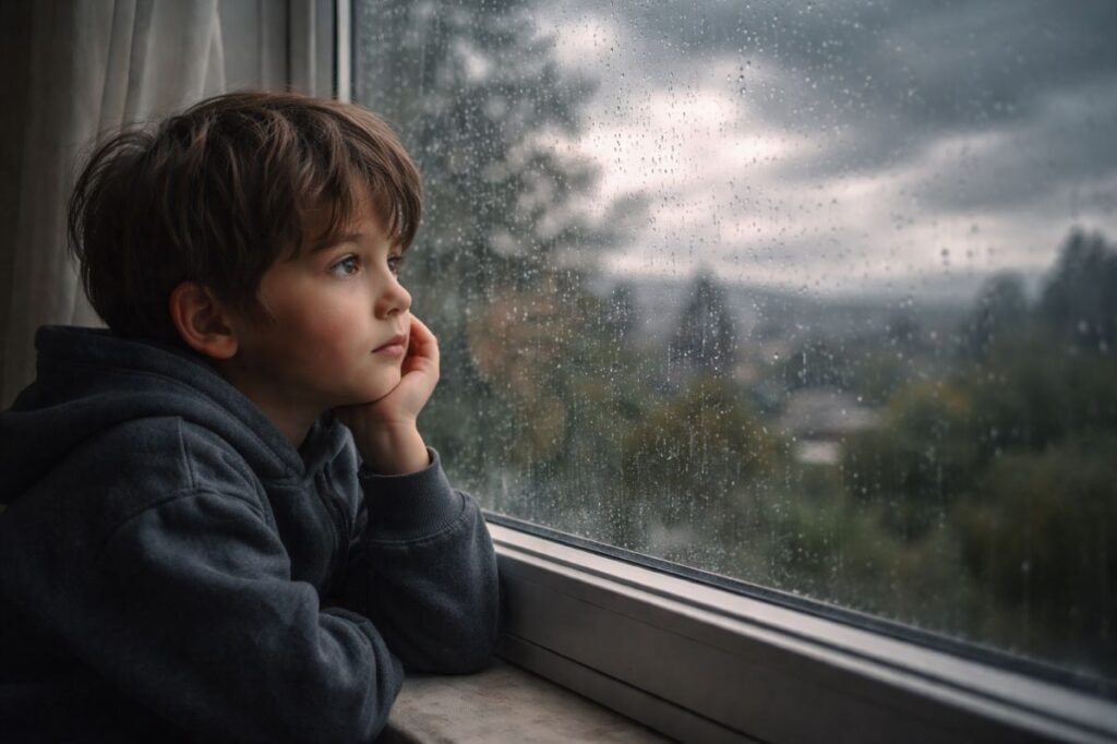 Παιδί σε εσωτερικό χώρο κοιτάζει έξω σε συννεφιασμένο χειμωνιάτικο τοπίο- Έλλειψη βιταμίνης D στα παιδιά τον χειμώνα λόγω μειωμένης έκθεσης στον ήλιο.
