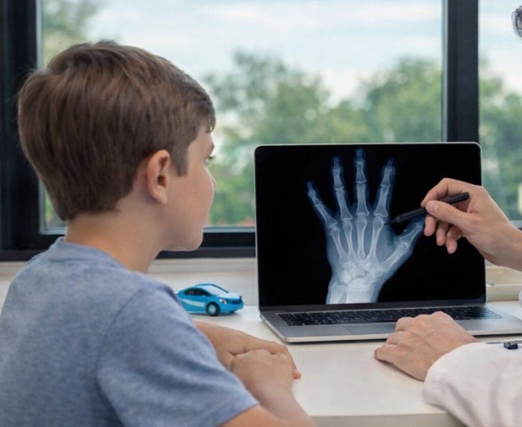 Παιδοενδοκρινολόγος εξηγεί την οστική ηλικία σε παιδί, δείχνοντας ακτινογραφία χεριού σε υπολογιστή, σε φιλικό ιατρικό περιβάλλον με παιδικά παιχνίδια.