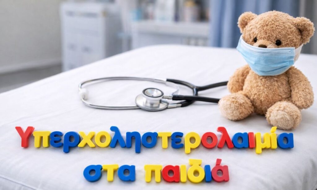 Υπερχοληστερολαιμία στα παιδιά – ιατρικό εξεταστικό κρεβάτι με στηθοσκόπιο, παιδικό αρκουδάκι και χρωματιστά γράμματα σε παιδιατρικό ιατρείο.